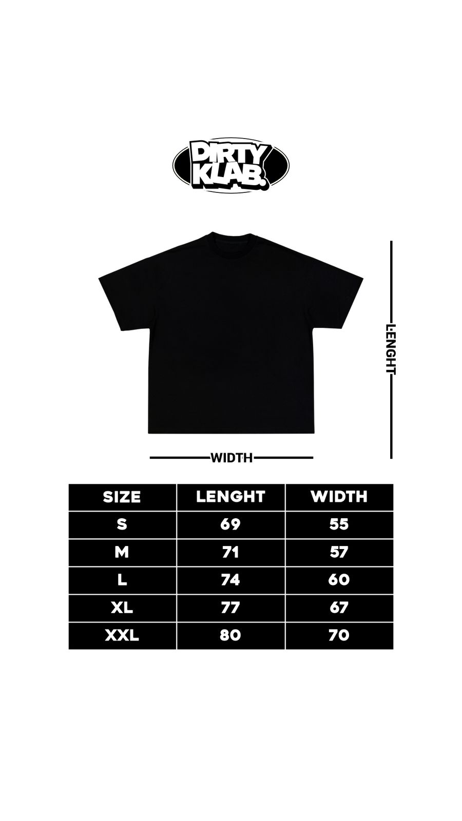 DIRTY KLAB tee size chart